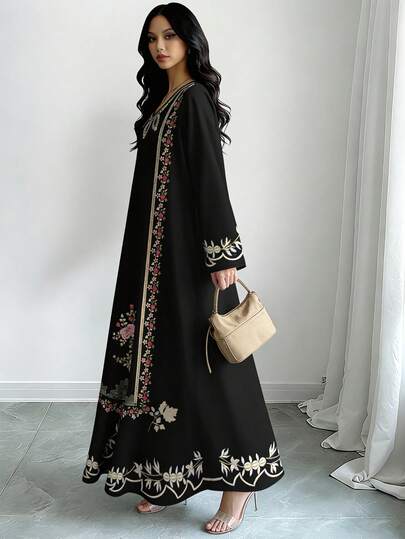 SHEIN Najma 女士花卉植物印花V领长袖优雅阿拉伯风格连衣裙，春季