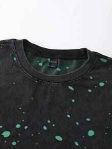 ROMWE MEN Street Life Men's Casual Fashionable Street Splash Ink Print Washed Short Sleeve T-Shirt, Suitable For Daily Commute In Summer - Black - View 3