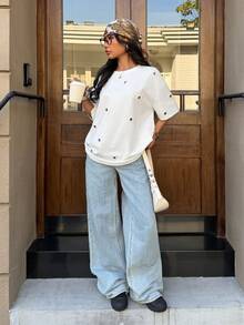 Muchica 女士夏季新款白色镂空设计宽松圆领短袖T恤 - 白色 - 查看 5