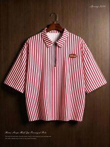 TOKVUE TOKUVE 男士休闲 Polo 衫，年轻时尚的拉链门襟 Polo 衫，简约休闲条纹面料，日常穿着，灵感源自 ，短袖翻领 T 恤/Polo 衫，适合音乐节、度假和日常穿搭，男士休闲衬衫，居家休闲，度假文化，可个性化定制，送给丈夫或男友的礼物 - 紅色 - 查看 3