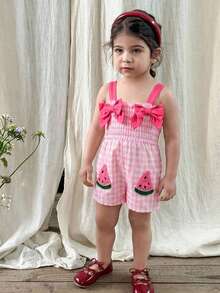 SHEIN LMoss Kids 女宝宝可爱夏季休闲西瓜图案粉色格子连体衣 - 粉色 - 查看 5