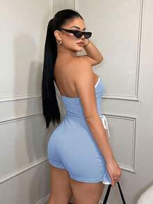 SHEIN SXY 女士夏季休闲撞色滚边抹胸连体衣 - 藍色 - 查看 2