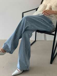 DAZY Women's Straight Leg Pearl Embellished Jeans, Stylish Wide Leg Dragging Jeans - Light Wash - View 4