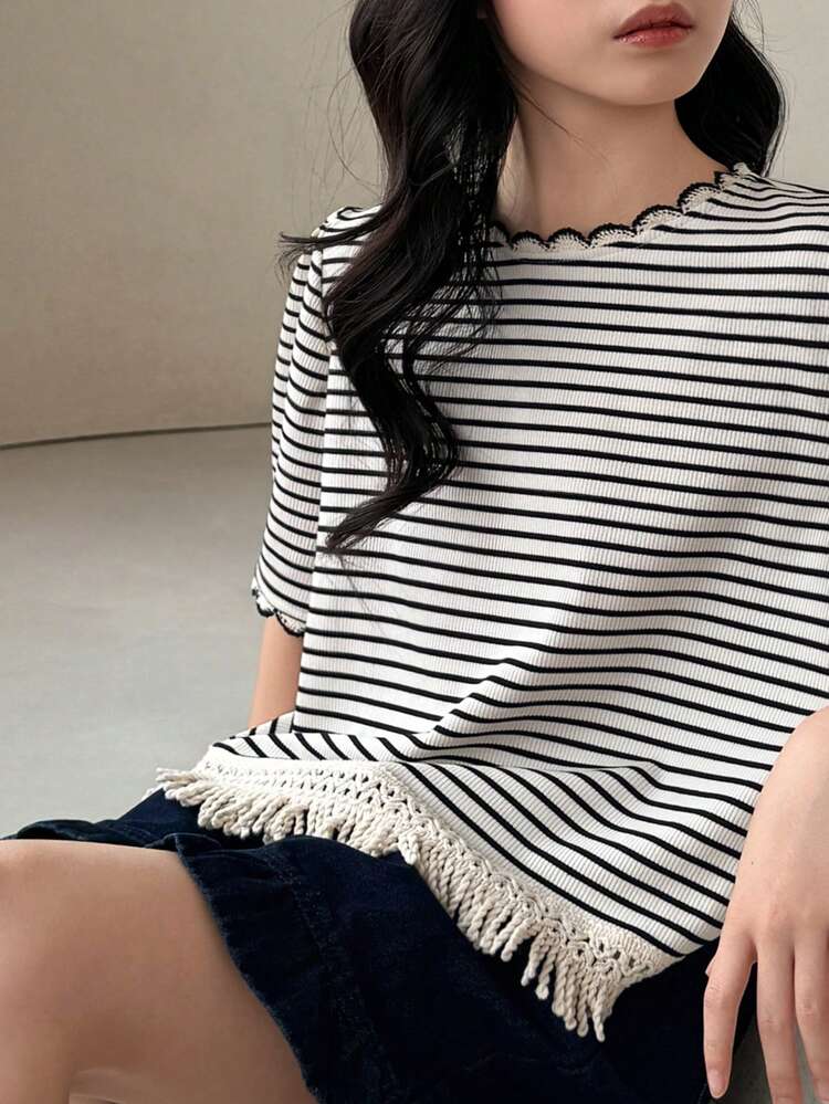 Tween Girl Shell Trim Striped Print Round Neck Short Sleeve T-Shirt Summer