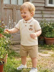 Cozy Pixies 2pcs Baby Boy Cartoon Bear Pattern Polo Collar Short Sleeve Snap Button Top And Elastic Waist Shorts Set Baby Boys Polo Shirt Set Baby Boy Summer Cotton Sets Brown Vintage Baby Boy Clothes Baby Boy Beige Outfit Baby Casual Sets Cotton Clothes Baby Boy Clothes Summer - Apricot - View 11