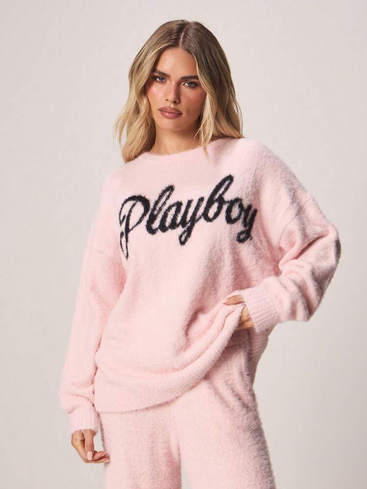 Missguided x Playboy Fluffy Knit Sweater With Script Logo Long Sleeve Crew Neck Cozy Winter Top