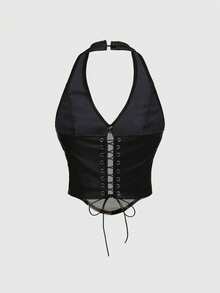 ROMWE Grunge Punk 复古西部动物纹拼接PU露背吊带背心（女款） - 黑與白 - 查看 2