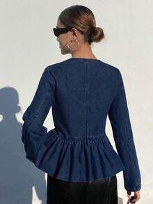 DAZY 女士圆领单排扣荷叶边下摆休闲百搭通勤长袖牛仔外套 - 藍色 - 查看 2