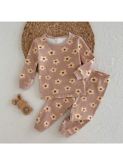 Loomiva Baby Girl Floral Print Knit Soft Round Neck Long Sleeve Top And Elastic Waist Leggings 2-Piece Snug Fit Pajama Set Cozy Pixies Baby Girl Set Baby Casual Set Baby Pajama Set Baby Pj Set Baby Girl Warm Set,Kids