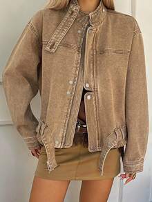 DAZY Women's Stand Collar Long Sleeve Open Front Casual Denim Jacket And Coat - Khaki - View 2