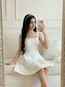 SHEIN Teen Girls' Elegant White Jacquard Square Neck A-Line Sleeveless Dress White Dress Teen Girl Korean Cut Dress Cute For Teens White,Kids - White - View 5