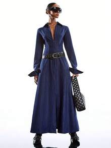 LYSMO 女士纯色拉链收腰长款派对连衣裙 - 藏蓝色 - 查看 5