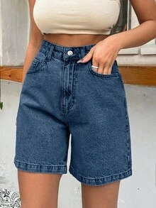 EURMUSE Short de mujer 100% algodón rígido de lavado medio - Azul lavado oscuro - Ver 3