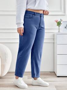 EURMUSE Plus Size Women Casual Everyday Commute Simple Solid Color High Waist Skinny Jeans - Blue - View 5
