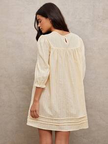 WESTFADE 100% Embroidered Striped Cotton Round Neck Puff Sleeve Pleated Loose Fit Babydoll Mini Dress - Yellow - View 2