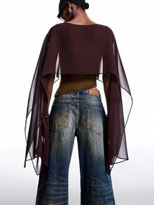 LYSMO 女士时尚通勤不对称下摆短款T恤 - 咖啡棕 - 查看 2