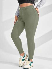 SHEIN CURVE+ 大码女式牛仔休闲黑色弹力紧身七分裤，套装 - 軍綠色 - 查看 3