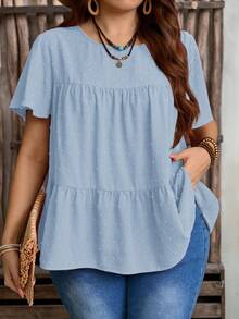 Rusticease Blus Peplum Panjang Ukuran Plus Warna Biru Muda dari Kain Tenun dengan Lengan Pendek Bergelombang dan Hem Berkerut untuk Wanita Ukuran Plus - Baby Blue - View 3