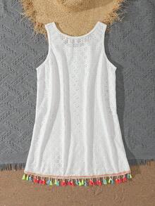 SHEIN 少女白色镂空针织流苏罩衫，特殊面料，时尚休闲优雅女士泳衣配饰，适合游泳、度假、夏季 - 白色 - 查看 2