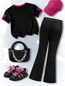 SHEIN Trolls Young Girl Cute Cartoon Butterfly Print Ringer Short Sleeve T-Shirt And Contrast Sideseam Flare Pants Set - Black - View 3