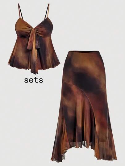 SHEIN MOD Plus Size Tie-Dye Vintage Sunset Romantic Camisole Two Pieces Set, Camisole Top, Long Skirt, Bow Tie Decor.Plus Size Brown Tie Dye Two Piece Set Airy Mesh Fabric Spaghetti Strap Top Front Knot Detail Flared Hem Gradient Color Effect Asymmetrical Skirt Sheer Overlay Flowing Look Soft Lining Artistic Style Elegant Drape Comfortable Fit Lightweight Material Earthy Tones Creative Design