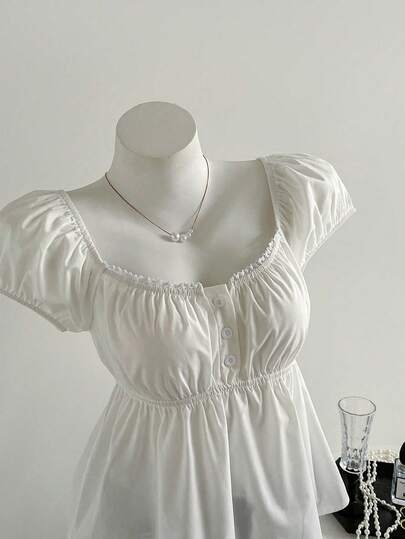 SHEIN Tall 女士白色舒适方领纯棉短袖衬衫，适合海滩度假、约会等场合，百搭实用