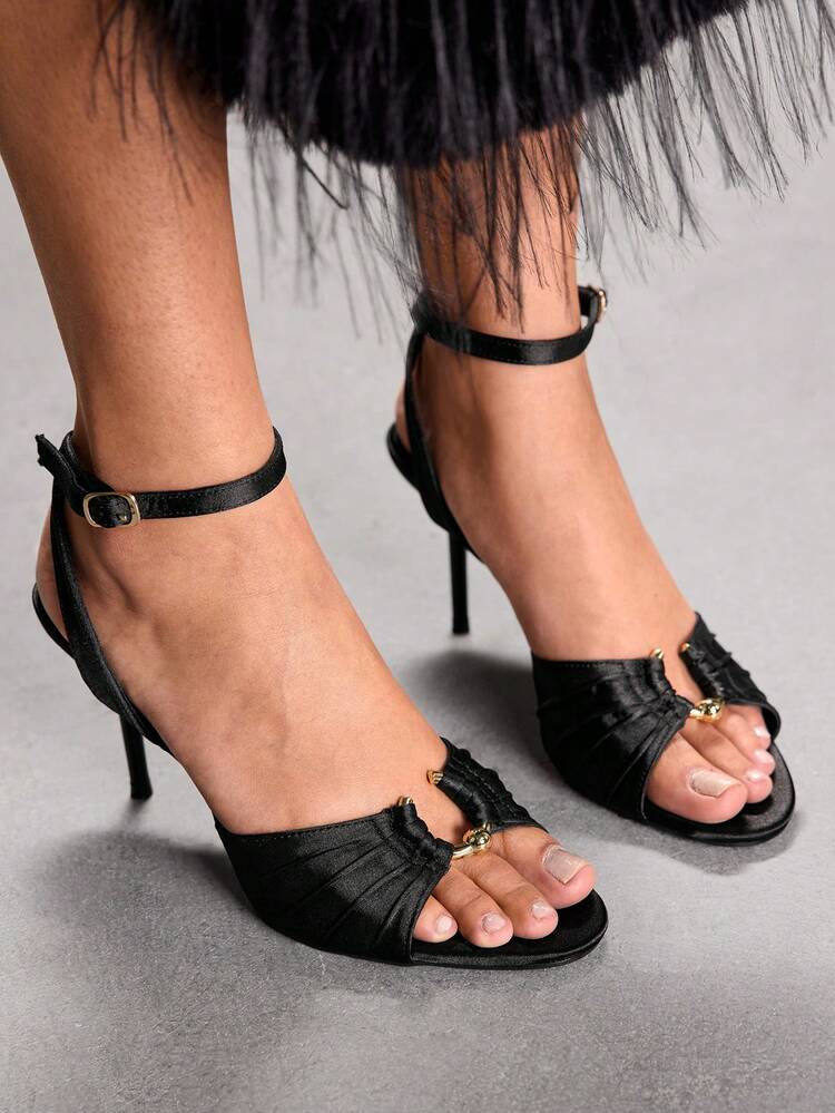 CUCCOO SZL Women Shoes Spring Summer Satin Pleated Design Metal Decoration Open-Toed Stiletto, Sexy Style Silk Satin Black Ladies High Heel Sandals Banquet Party Dating Commuting Shopping Nightclub Dancing Holiday Gifts