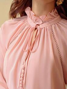 ZEYLAH Bộ đồ 2 mảnh thanh lịch dành cho nữ, gồm áo tay dài phối ren tương phản, cổ bèo nhún và quần dài, thích hợp cho mùa xuân/hè. - Hồng - Xem 2