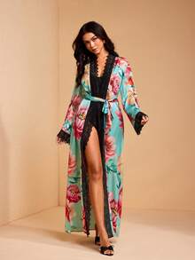 JIAN LASALA 印花缎面丝绸般优雅女士宽松长款睡袍，蕾丝边饰，长喇叭袖 - 彩色 - 查看 3