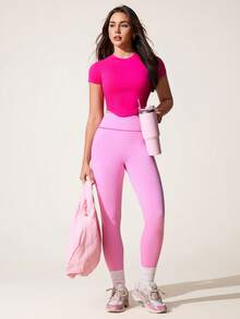 Core Rhythm Top sport ajusté décontracté à manches raglan et col rond, couleur unie, manches courtes, sans couture - Rose vif - Voir 7