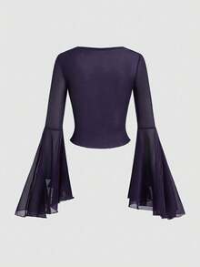 ROMWE Goth Dark Vintage Palace Vine & Moon Pattern Flocked Sheer Mesh Top For Women - Purple - View 9