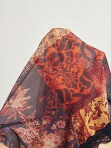 Bohemela Casual Knit Mesh Patchwork Lace V-Neck Flare Sleeve Fitted Cropped Women Top - Mocha Brown - View 8