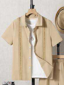 2pcs/Set Fashionable Casual Shirt Outfit For Teen Boys, Spring/Summer, Includes Printed Shirt And Pants, European And American Youth Daily Wear And Social Occasions - Apricot - View 3