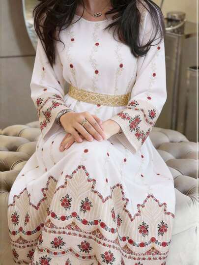 Al Najma Vestido árabe elegante de manga larga con cuello redondo y estampado floral
