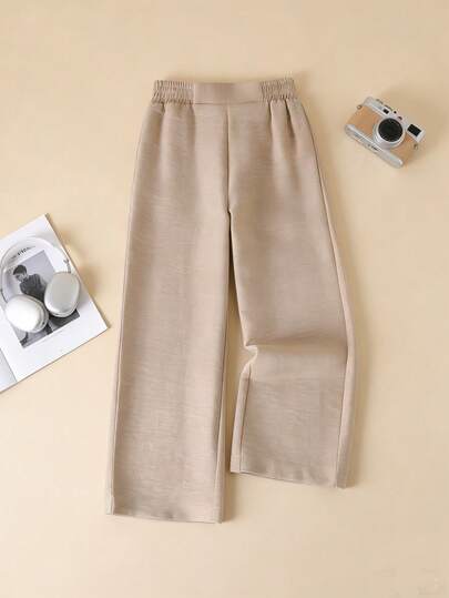 Casuvi Kids Girls Casual Loose Straight Leg Pants, Elegant Commuter Style, Smooth Fabric, Suitable For Spring And Autumn