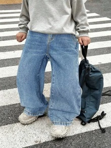 SHEIN 男童复古蓝色宽松牛仔裤 - 中等水洗藍 - 查看 3