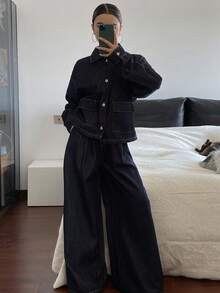 Livesso Women's Casual Denim Jacket And Pants Set, Autumn/Winter - Dark Wash - View 4