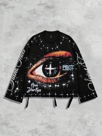 Street Life Vintage Street Style Punk Distressed Saint Graphic Long Sleeve Crew Neck Men's T-Shirt, For Fall