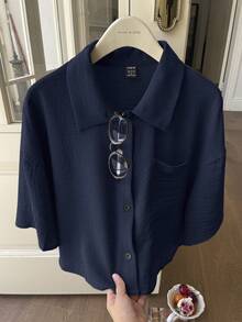 SHEIN EZwear Summer Drop Shoulder Pocket Patched Shirt Without Cami Top - Navy Blue - View 6