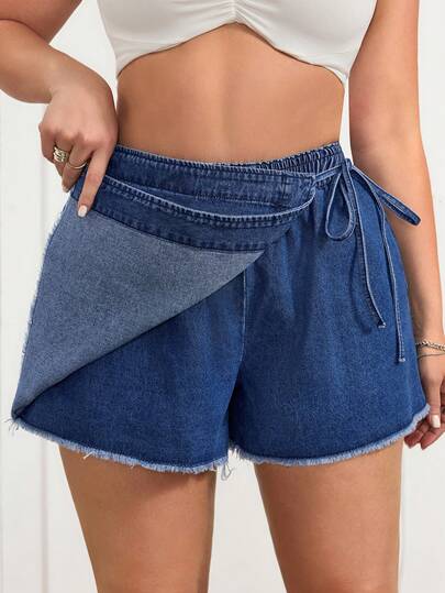 SHEIN CURVE+ 大码纯色打结裹身毛边时尚牛仔裙裤