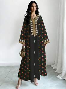 SHEIN Najma 女士花卉刺绣印花V领长袖优雅阿拉伯风格连衣裙，适合春秋季穿着 - 彩色 - 查看 4