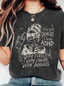 EMERY ROSE Áo thun nữ cỡ lớn cổ tròn tay ngắn in hình cô gái uống cà phê đầu lâu - Màu xám đen - Xem 1