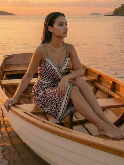 CAJUNI Vestido de tirantes con cintura anudada y estampado geométrico de rayas para vacaciones de mujer