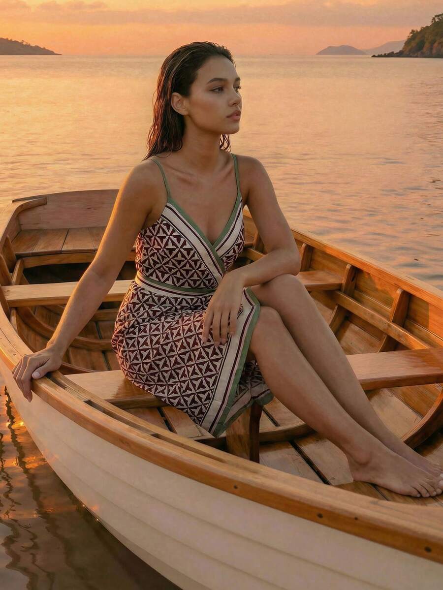 CAJUNI 女士度假几何条纹印花系腰吊带连衣裙 - 卡其色 - 查看 1