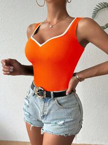 Chiquease Contrast Color Heart Collar Sleeveless Fitted Tank Top - Burnt Orange - View 4