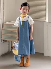 DAZY Young Girl' Spaghetti Strap Korean Style Flared Denim Dress - Blue - View 3