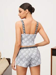 MTV | SHEIN 女士字母图案撞色滚边吊带背心和短裤睡衣套装 - 淺灰色 - 查看 2