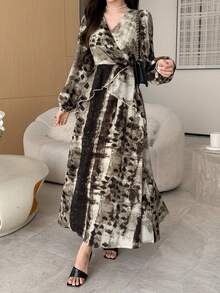 DAZY Women's Tie-Dye Overlap V-Neck Lantern Sleeve Elegant Mid-Length Dress - Multicolor - View 4