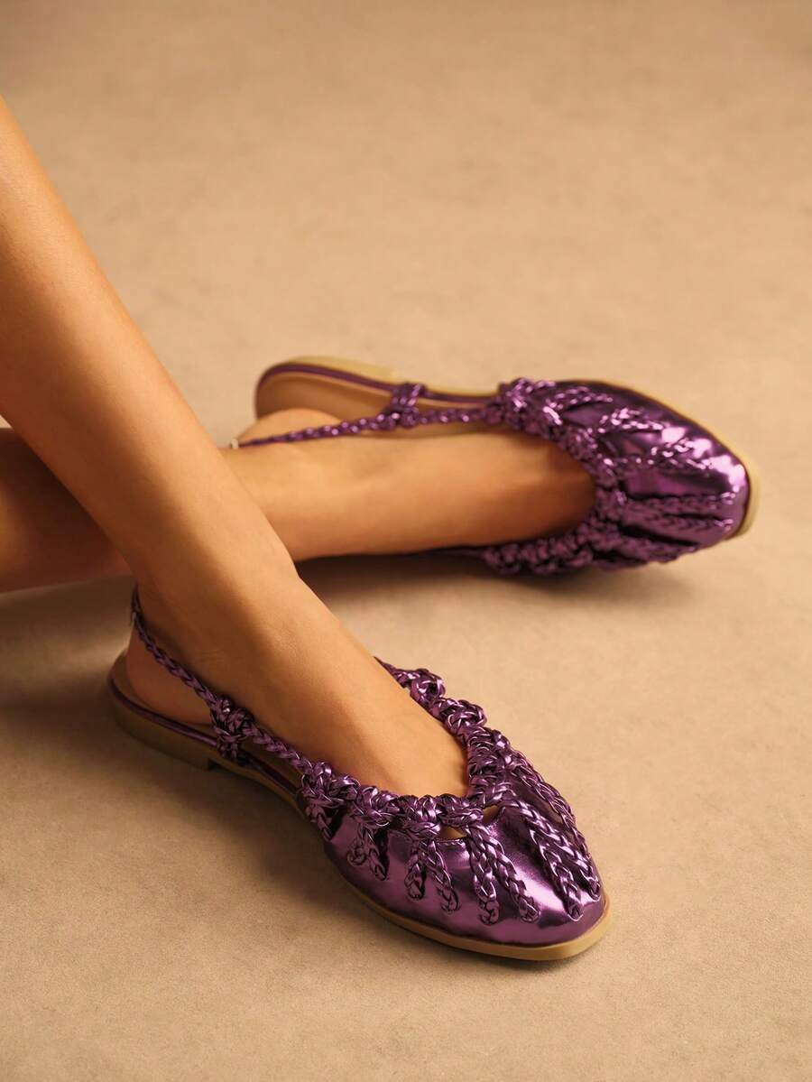 Rosivie Women's Flat Sandals, Gold Woven Strap Closed Toe Flat Shoes - grape purple - View 1
