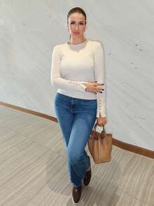 MDEdit 百搭圆领休闲百搭长袖针织汗衫 - 杏色 - 查看 3